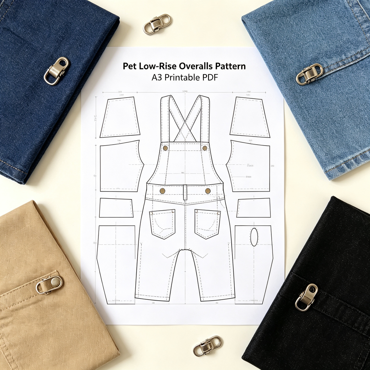 Pet Low-Rise Denim Overalls Sewing Pattern with Video Tutorial | A3 Printable PDF | 7 Sizes S-4XL | Dog Cat Jumpsuit Harness Pants