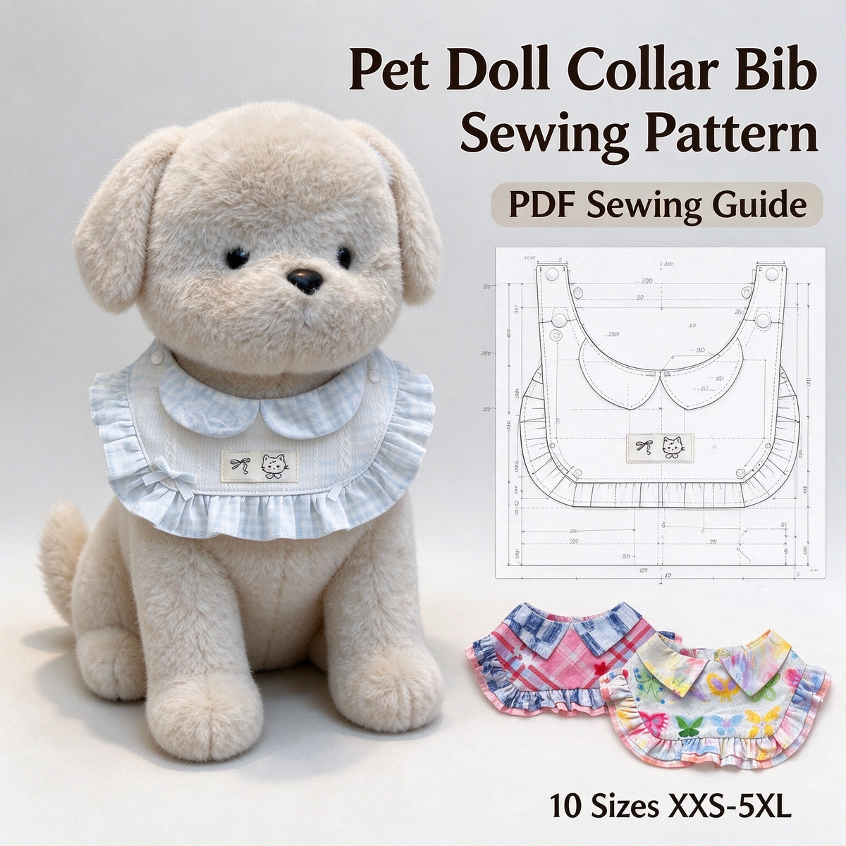 Peter Pan Collar Ruffle Pet Bib Sewing Pattern PDF | A4 Printable | 10 Sizes XXS-5XL | Step-by-Step Sewing Tutorial