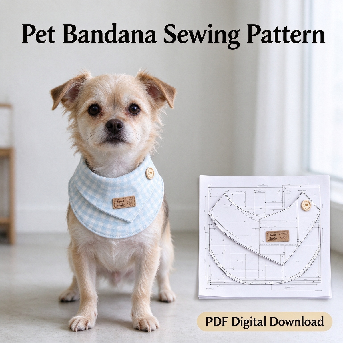 Asymmetrical Collar Pet Bib Sewing Pattern PDF | A4 Printable | 10 Sizes (XXS-5XL) | Beginner-Friendly Sewing Tutorial