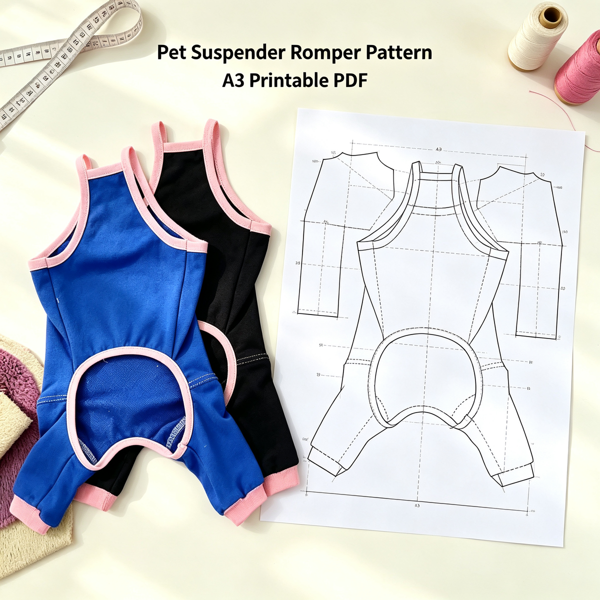 Pet Sling Jumpsuit Sewing Pattern with Video Tutorial | A3 Printable PDF | 7 Sizes S-4XL | Dog Cat Overall Romper Onesie