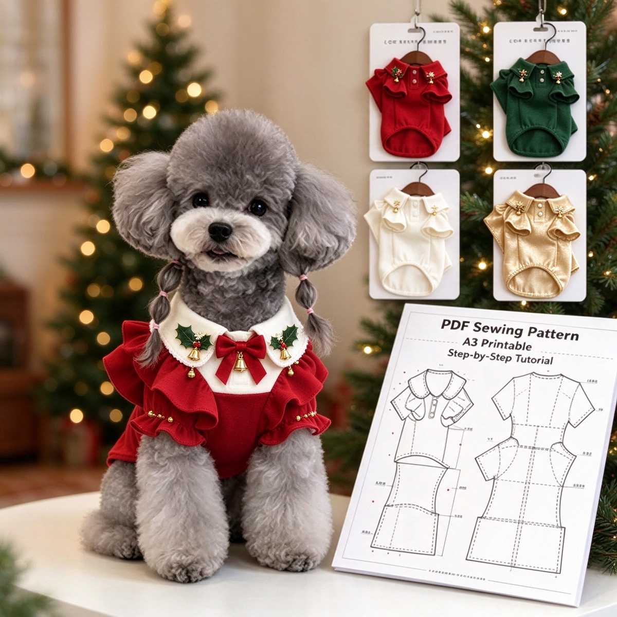 Pet Peter Pan Collar T-Shirt PDF Sewing Pattern | 7 Sizes S–XXXXL, Inch & Pound Size Chart, A3 Printable, Step-by-Step Sewing Tutorial for Dogs & Cats