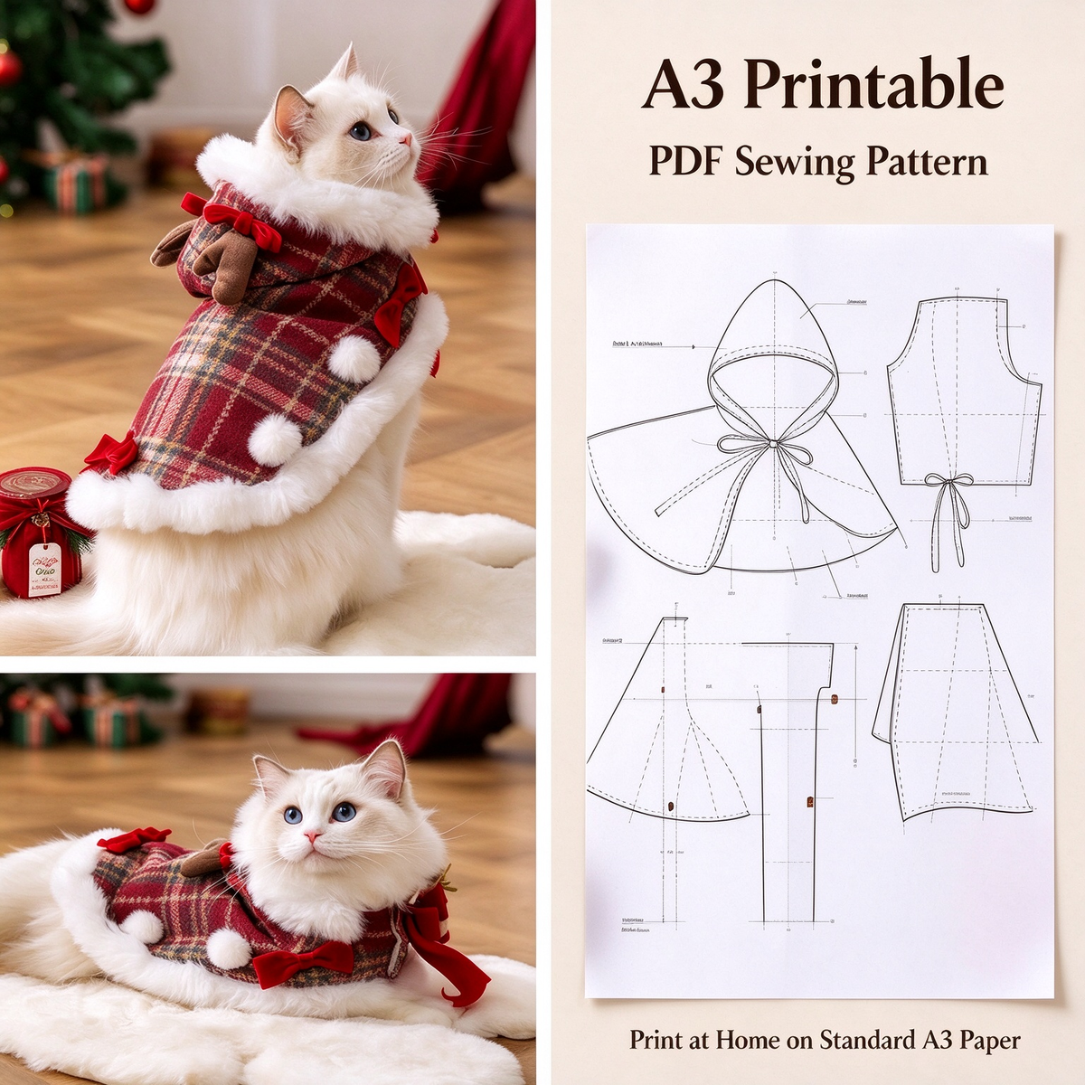 Pet Hooded Cape PDF Sewing Pattern, 7 Sizes S–4XL, Inch & Pound Size Chart, A3 Printable, Step-by-Step Sewing Tutorial, Dog Cat Clothes Sewing Pattern