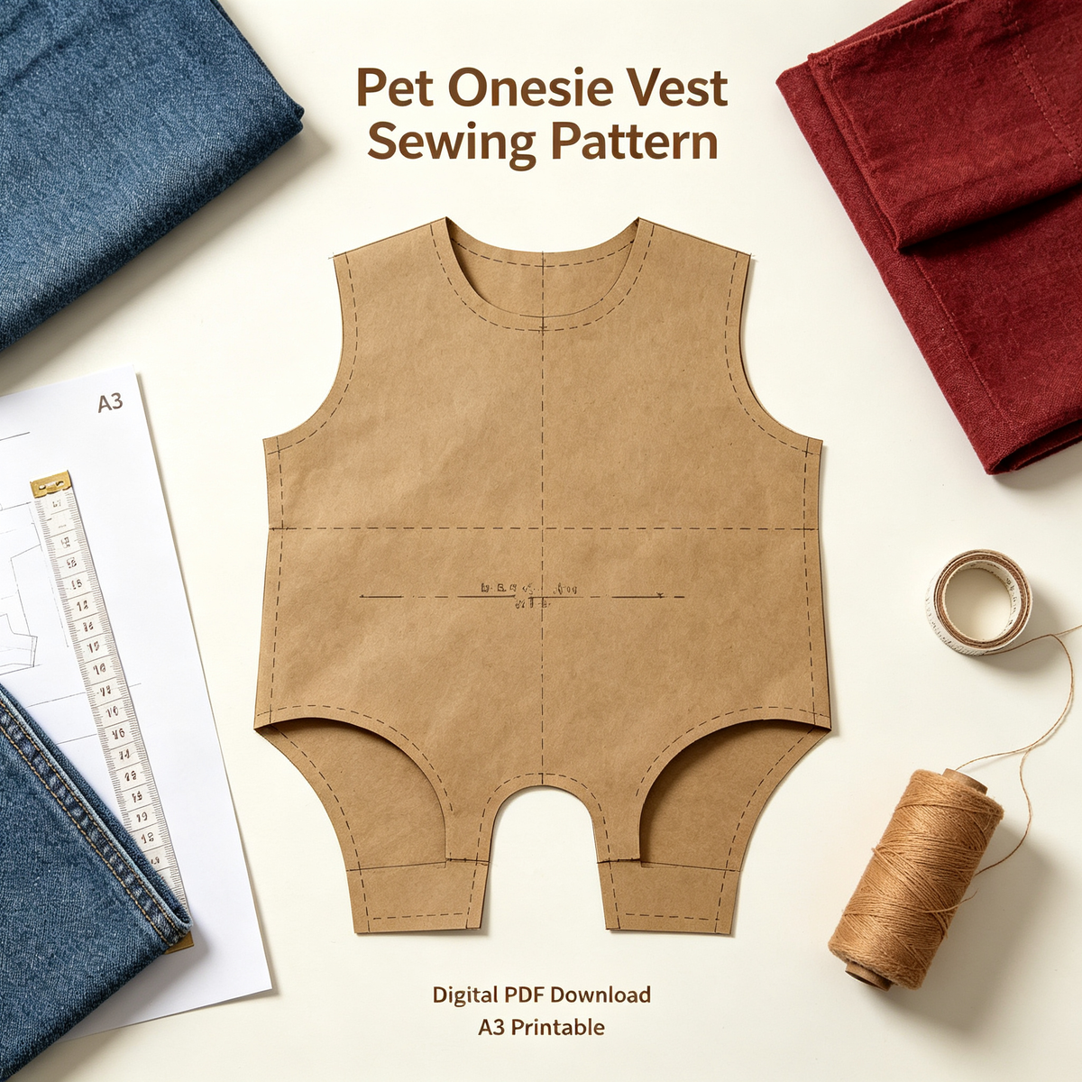 DIY Pet Jumpsuit Vest Sewing Pattern & Full Video Tutorial | 7 Sizes S to 4XL | A3 Format Instant Download