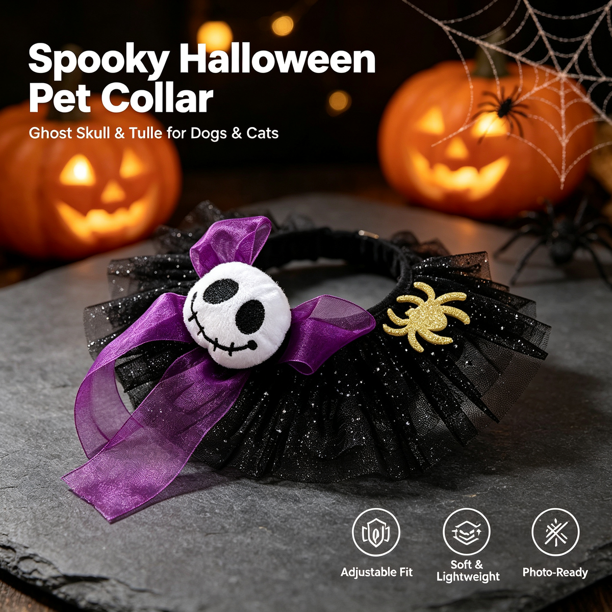 Halloween Ghost Skull Pet Collar – Spooky Tulle Neckwear for Dogs & Cats