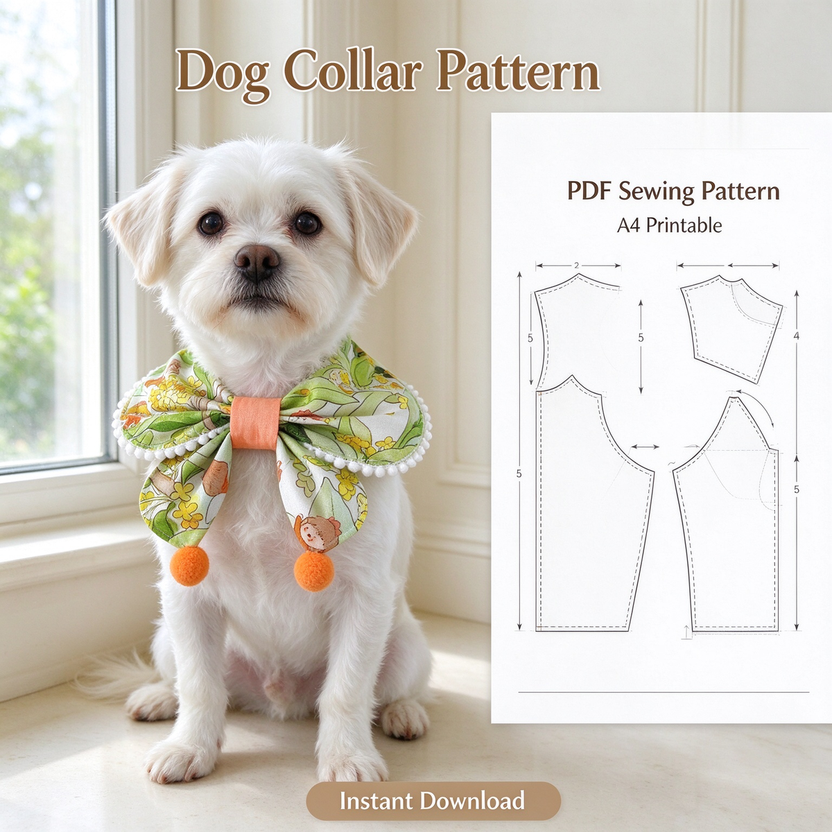 Pet Bow Collar PDF Sewing Pattern with Full Sewing Tutorial, A4 Printable Instant Download, 13 Sizes XS-9XL,  DIY Dog Neck Bandana Template
