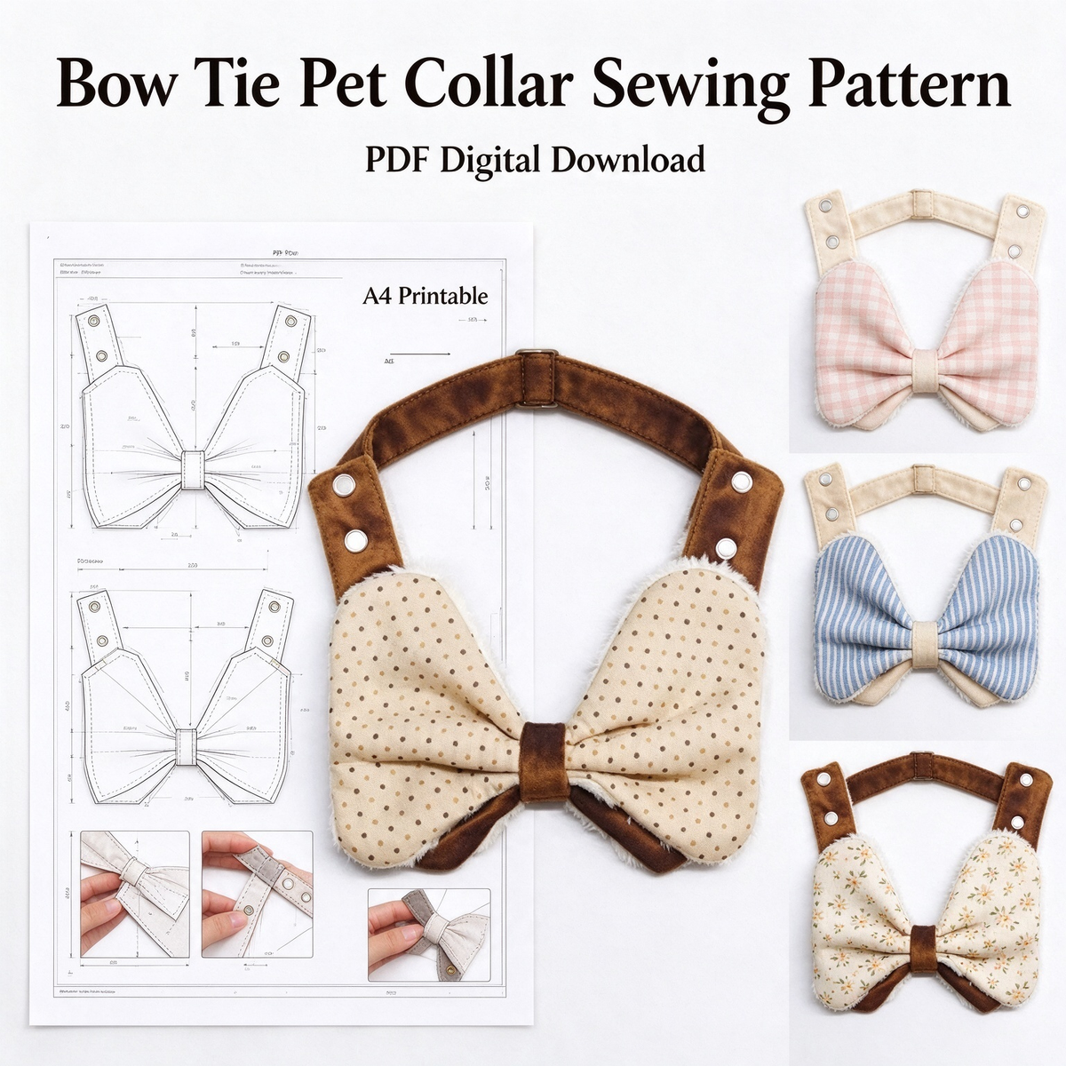 Bone Bow Tie Pet Bib Sewing Pattern PDF | A4 Printable | 10 Sizes XXS-5XL | Step-by-Step Sewing Tutorial