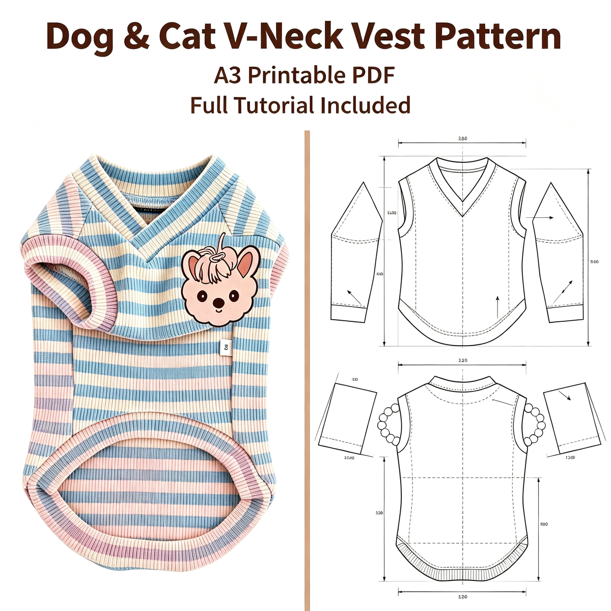 Pet V-Neck Vest Sewing Pattern, A3 Printable PDF with Full Sewing Tutorial, 7 Sizes (S–4XL) for Dogs & Cats