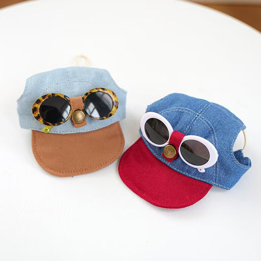 Pet Denim Baseball Cap with Attached Sunglasses — 2 Styles (Leopard & White Frame), Sizes S–M (Head 8–14 in), Adjustable Strap, Cute Photo Prop for Dogs & Cats