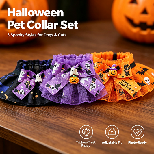Halloween Pet Collar Set – 3 Spooky Styles, Adjustable Dog & Cat Neckwear with Bow Tie, Ghost, Pumpkin & Bat Prints, Perfect for Trick-or-Treat and Pet Costumes