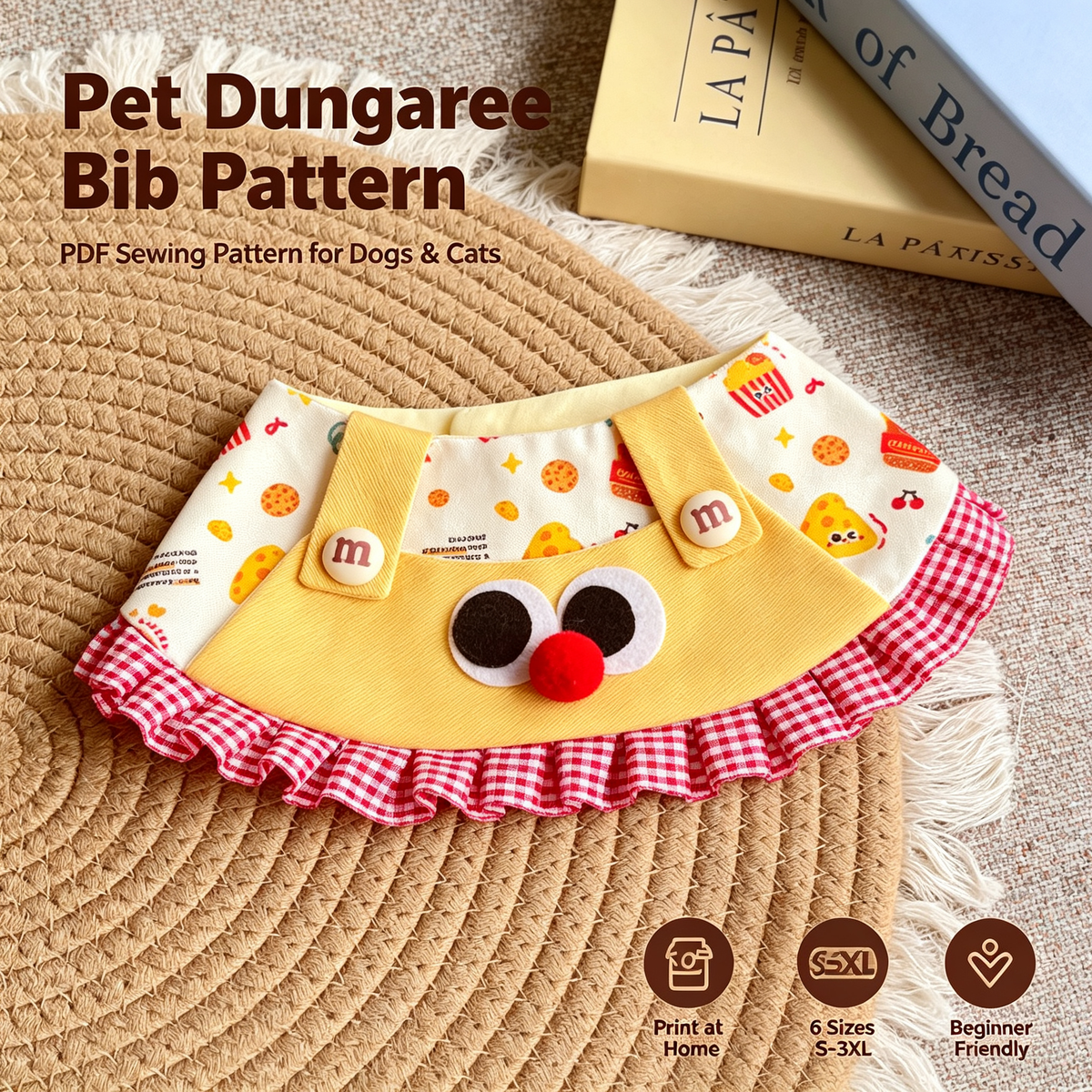 Pet Bandana Sewing Pattern PDF with Step-by-Step Tutorial | Big Eyes Ruffle Dog Cat Scarf | S–3XL Digital Download