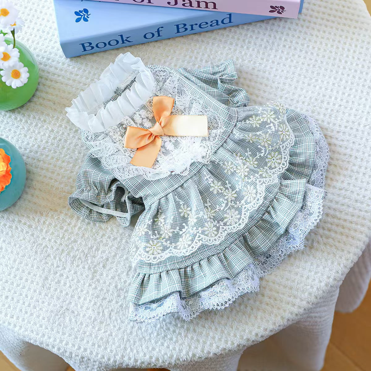 Gingham Lace Pet Dress for Small Dogs & Cats – Vintage Floral Puppy Outfit