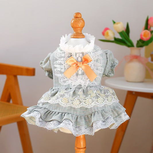 Gingham Lace Pet Dress for Small Dogs & Cats – Vintage Floral Puppy Outfit