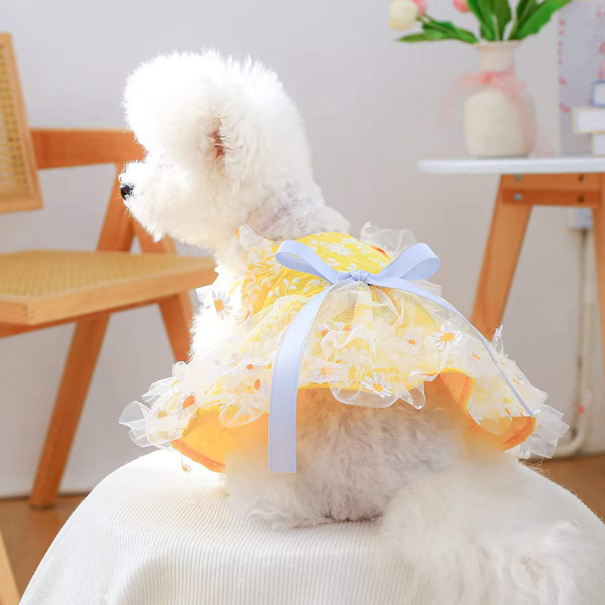 Daisy Print Pet Sundress for Small Dogs & Cats – Yellow Lace Tutu Puppy Dress
