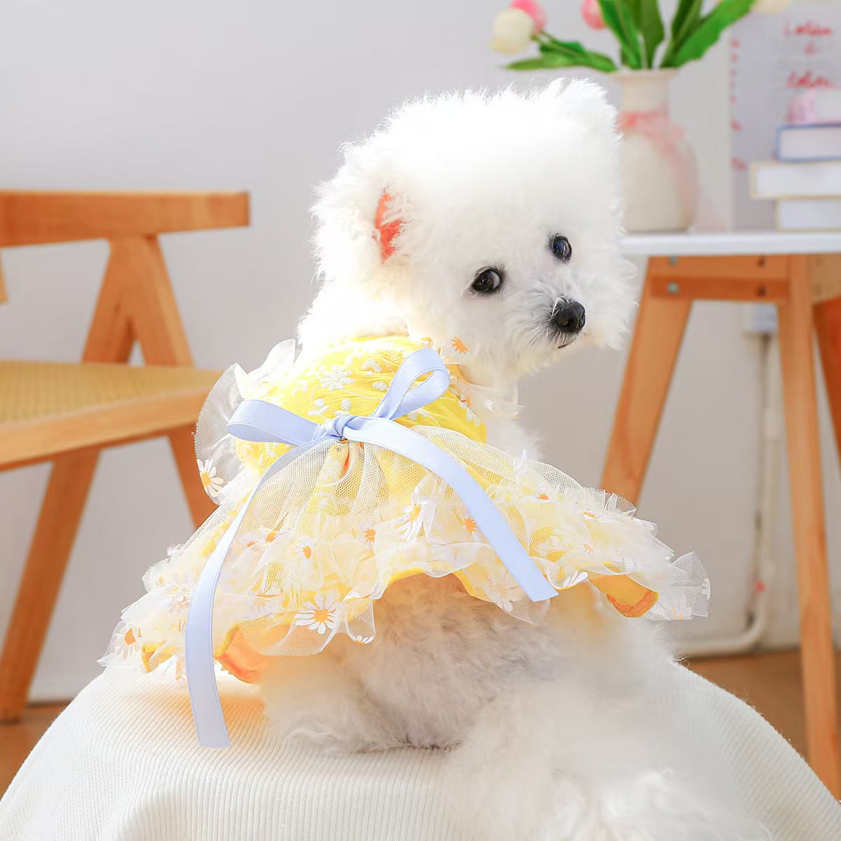 Daisy Print Pet Sundress for Small Dogs & Cats – Yellow Lace Tutu Puppy Dress