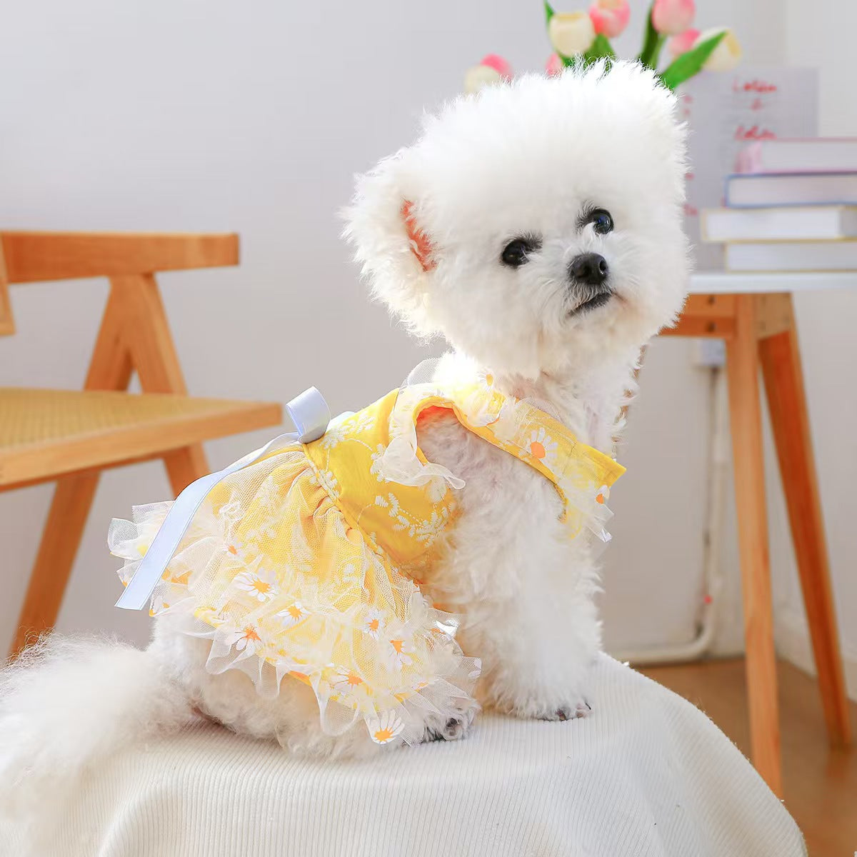 Daisy Print Pet Sundress for Small Dogs & Cats – Yellow Lace Tutu Puppy Dress
