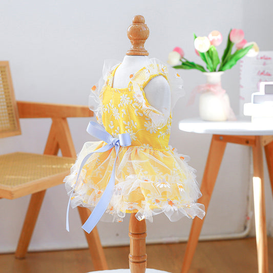 Daisy Print Pet Sundress for Small Dogs & Cats – Yellow Lace Tutu Puppy Dress