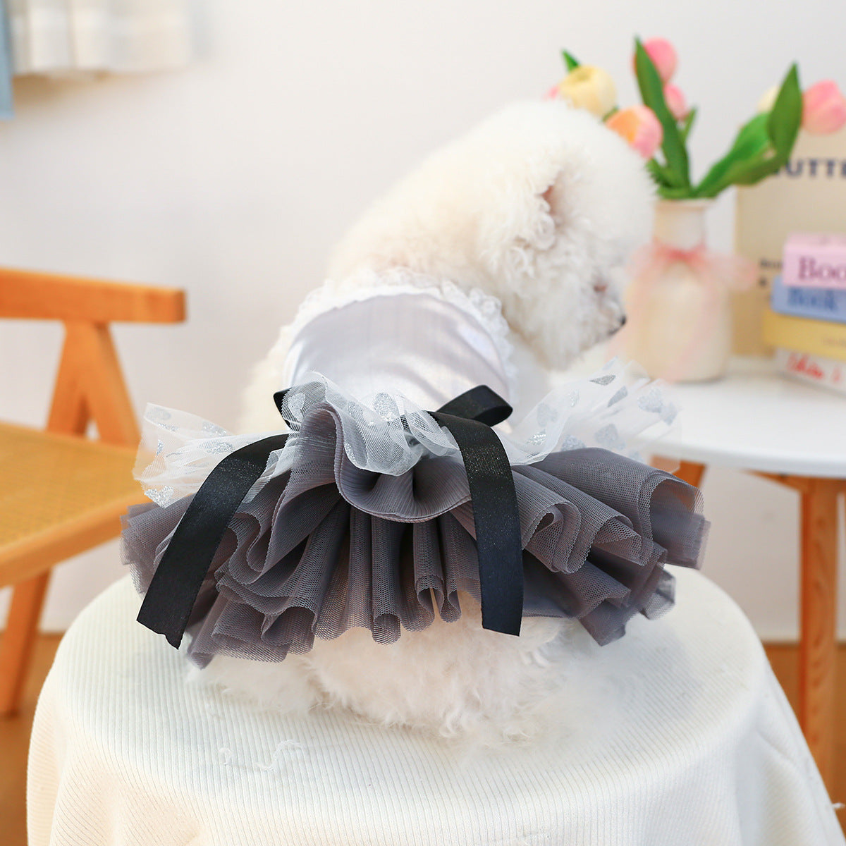 Ballet Tutu Pet Dress for Small Dogs & Cats – Grey Satin Spinning Puppy Outfit
