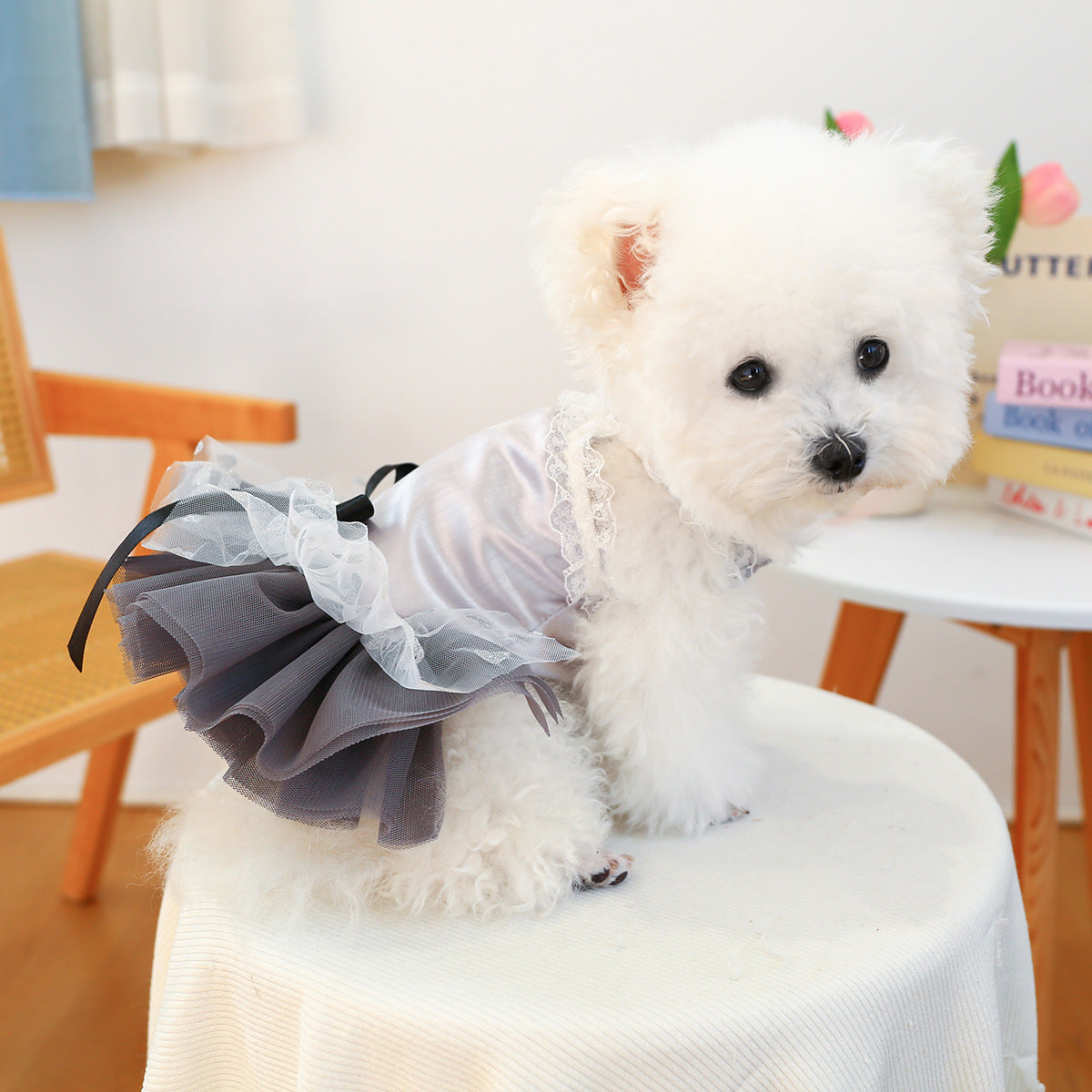 Ballet Tutu Pet Dress for Small Dogs & Cats – Grey Satin Spinning Puppy Outfit