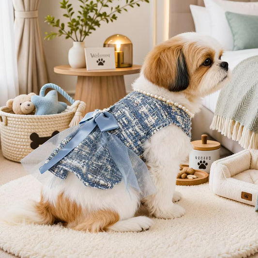 Tweed Princess Pet Dress for Small Dogs & Cats – Blue Fashion Gown with Pearls