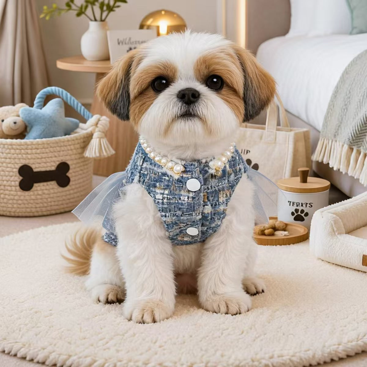 Tweed Princess Pet Dress for Small Dogs & Cats – Blue Fashion Gown with Pearls