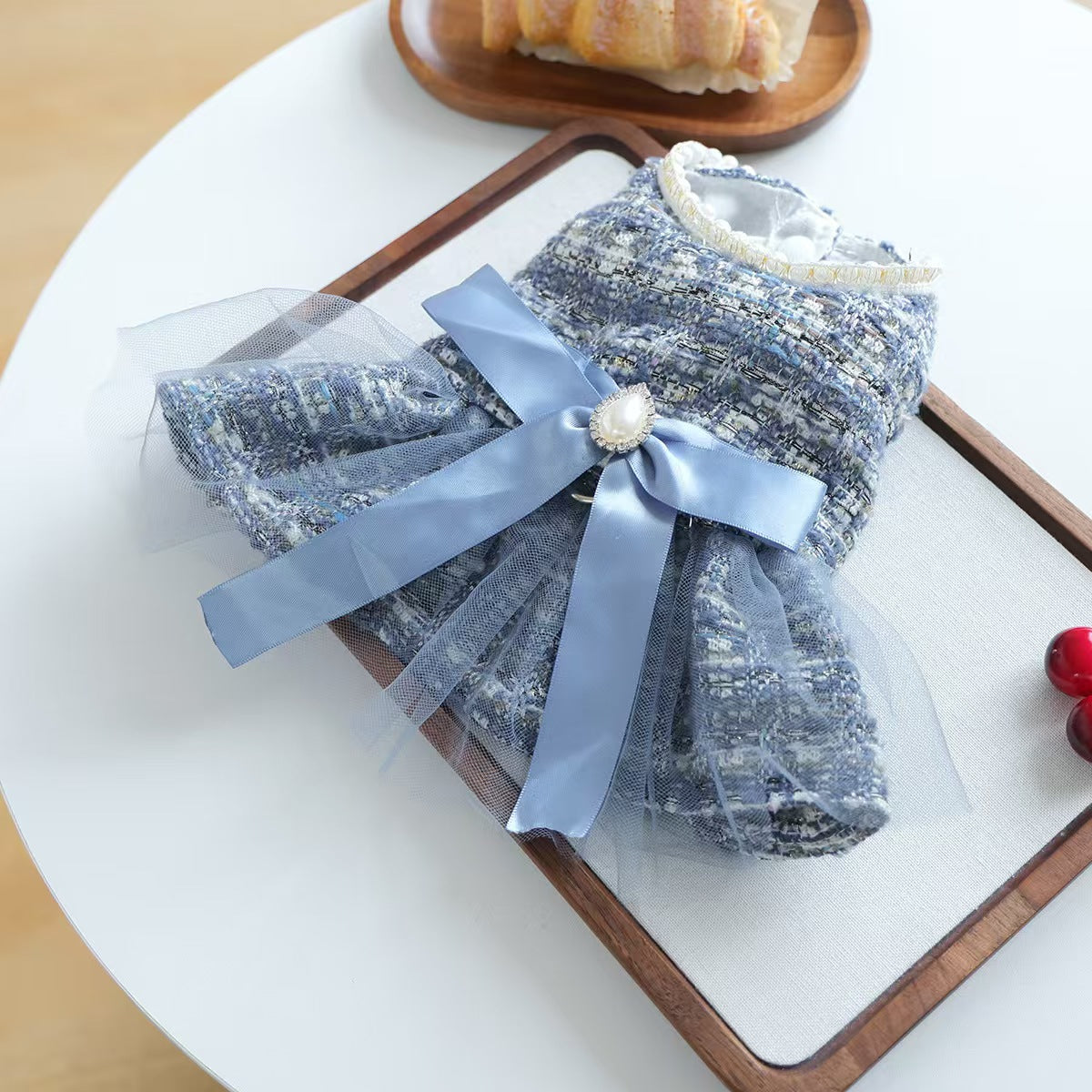 Tweed Princess Pet Dress for Small Dogs & Cats – Blue Fashion Gown with Pearls