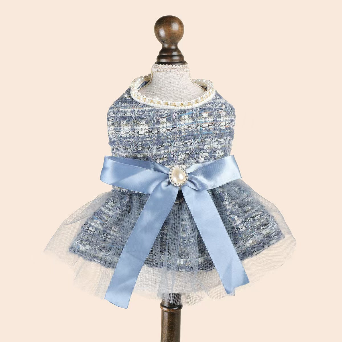 Tweed Princess Pet Dress for Small Dogs & Cats – Blue Fashion Gown with Pearls