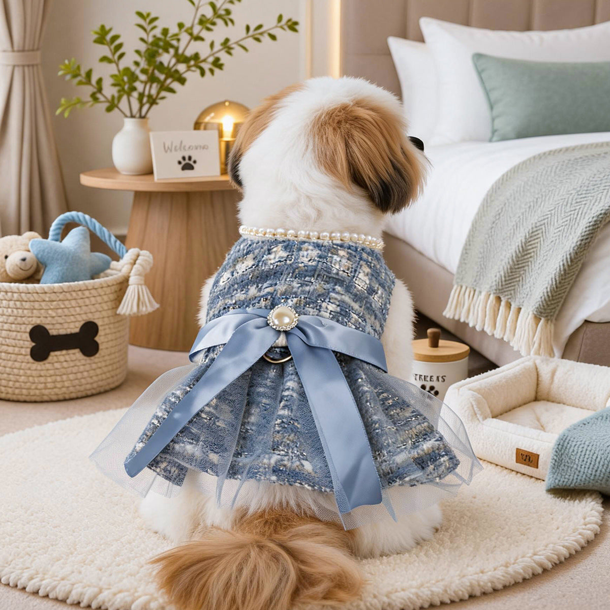 Tweed Princess Pet Dress for Small Dogs & Cats – Blue Fashion Gown with Pearls