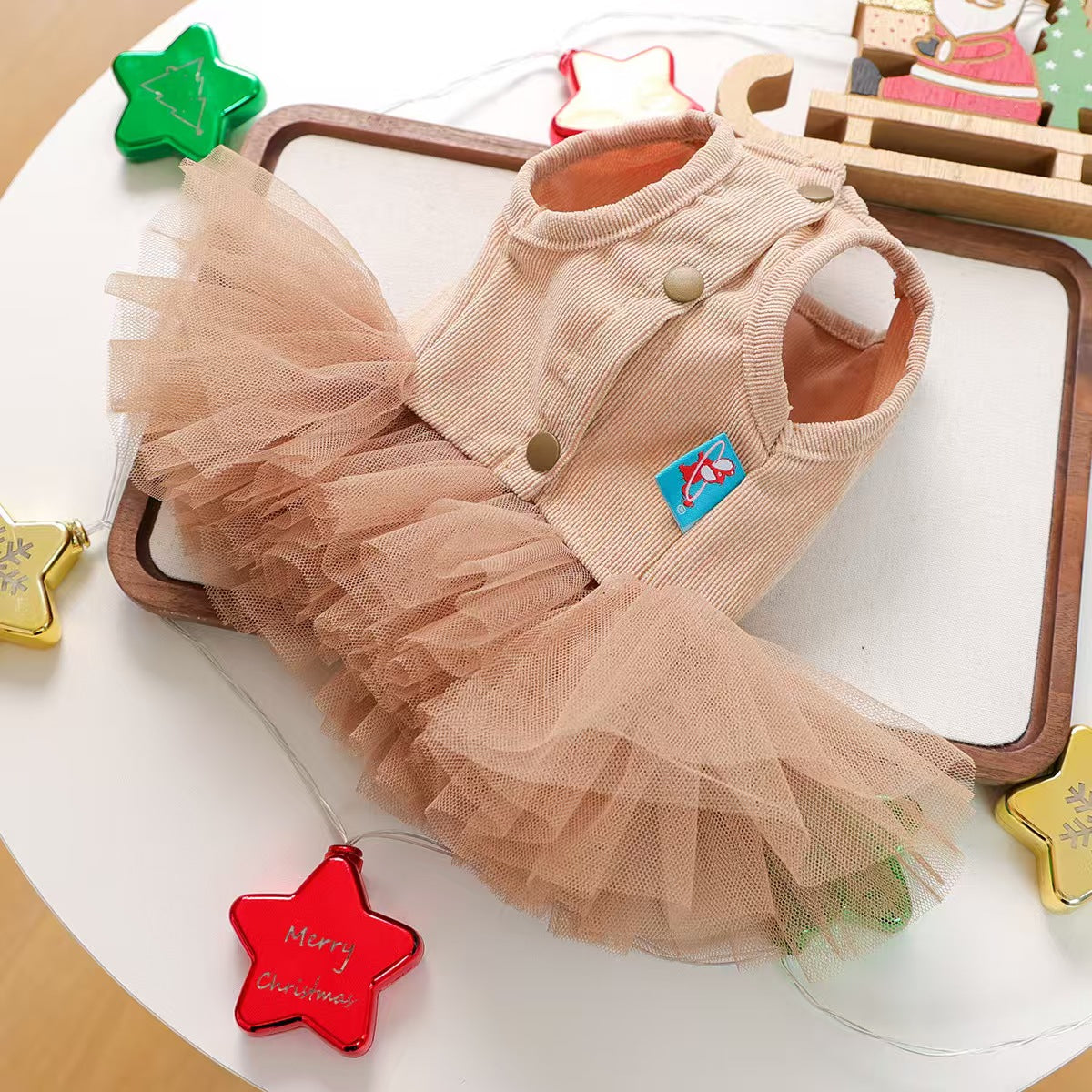 Corduroy Gingerbread Tutu Pet Dress with Bow – Xmas Holiday Outfit for Puppy, Bichon, Shih Tzu, Kitten