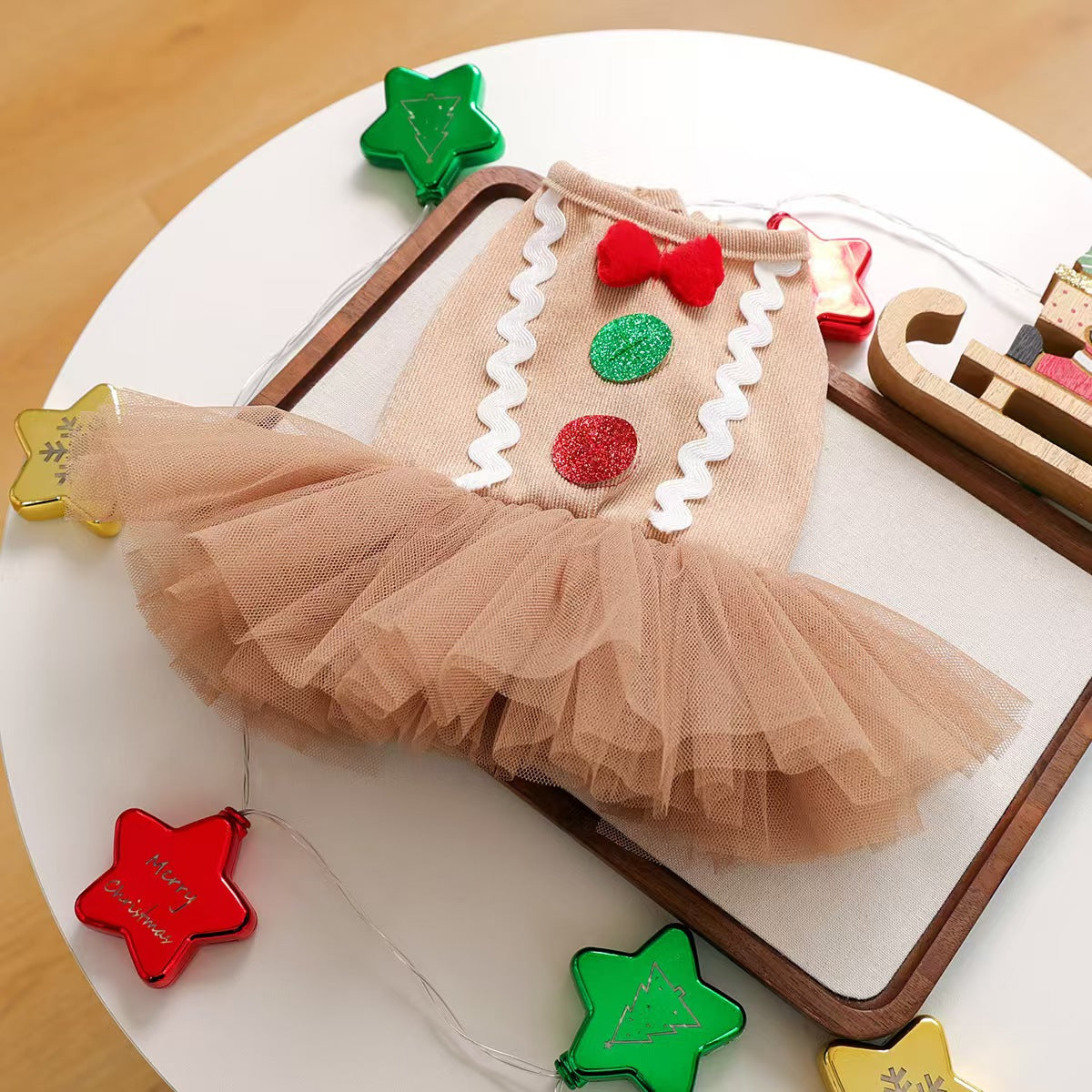 Corduroy Gingerbread Tutu Pet Dress with Bow – Xmas Holiday Outfit for Puppy, Bichon, Shih Tzu, Kitten