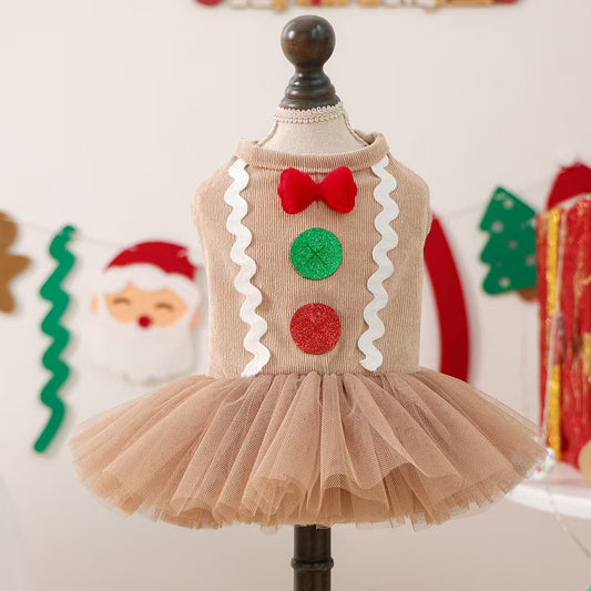 Corduroy Gingerbread Tutu Pet Dress with Bow – Xmas Holiday Outfit for Puppy, Bichon, Shih Tzu, Kitten