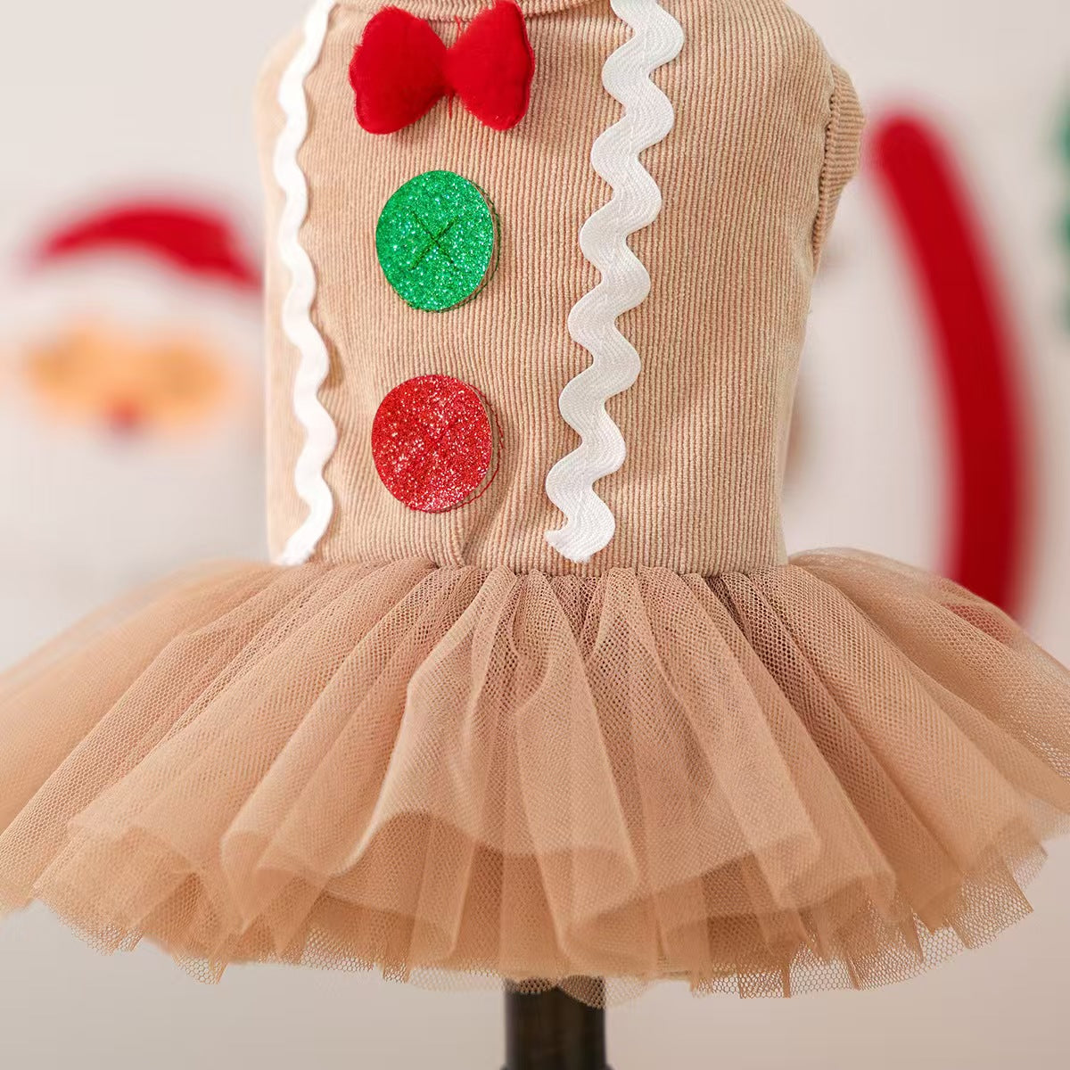 Corduroy Gingerbread Tutu Pet Dress with Bow – Xmas Holiday Outfit for Puppy, Bichon, Shih Tzu, Kitten