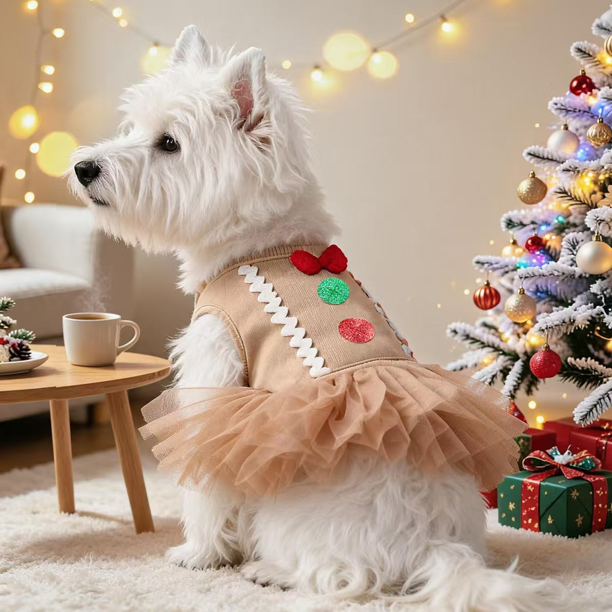 Corduroy Gingerbread Tutu Pet Dress with Bow – Xmas Holiday Outfit for Puppy, Bichon, Shih Tzu, Kitten