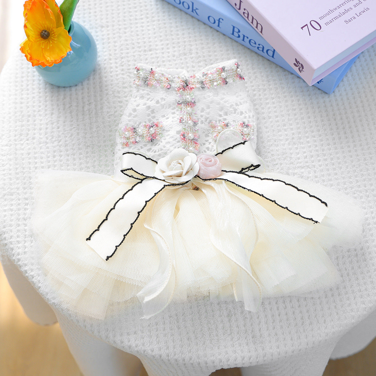 Bow & 3D Floral Pet Dress for Small Dogs & Cats – Lace Puff Tulle Princess Gown