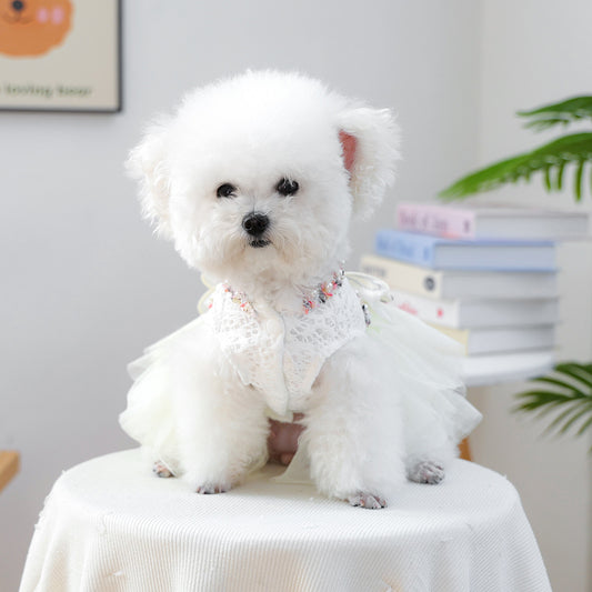Bow & 3D Floral Pet Dress for Small Dogs & Cats – Lace Puff Tulle Princess Gown