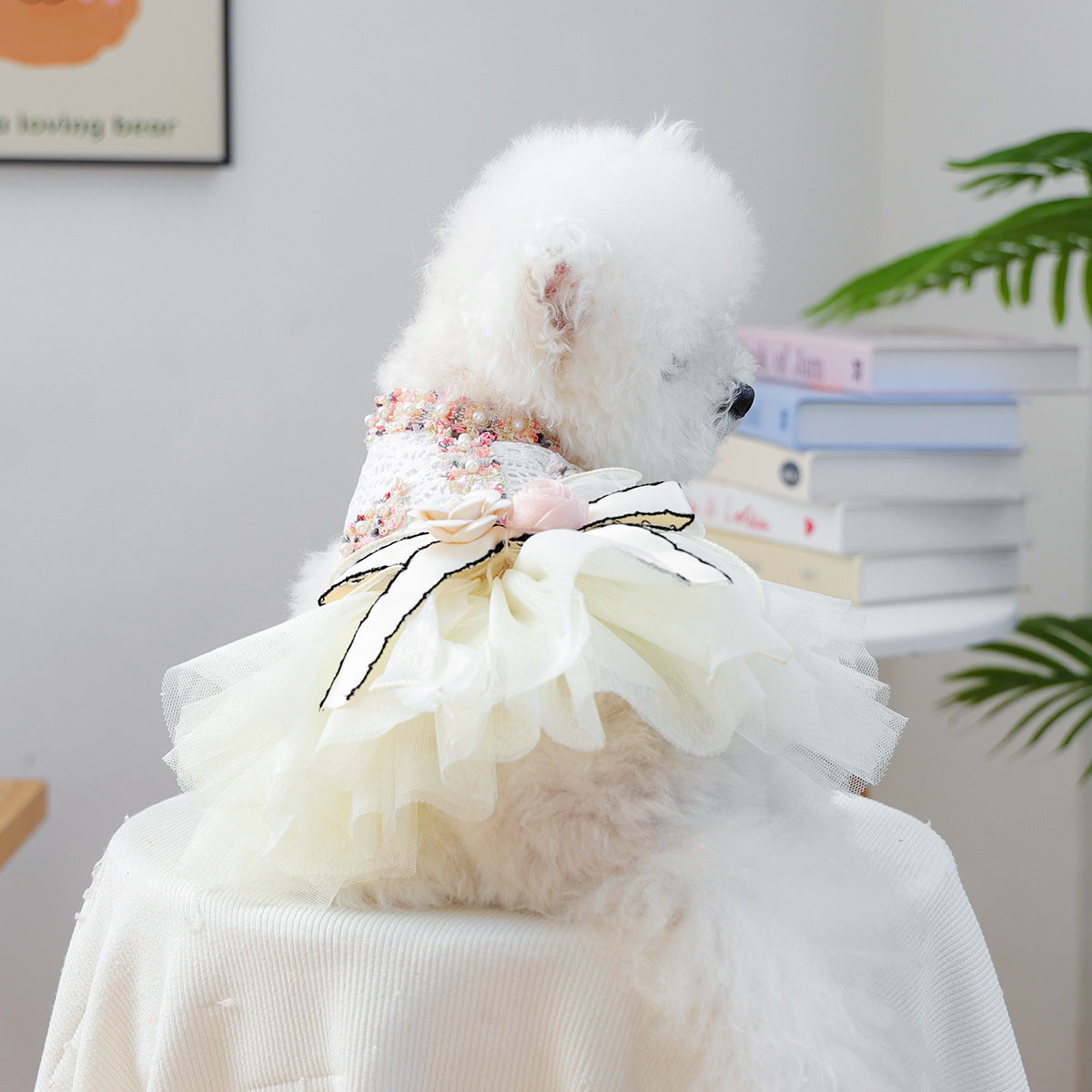 Bow & 3D Floral Pet Dress for Small Dogs & Cats – Lace Puff Tulle Princess Gown