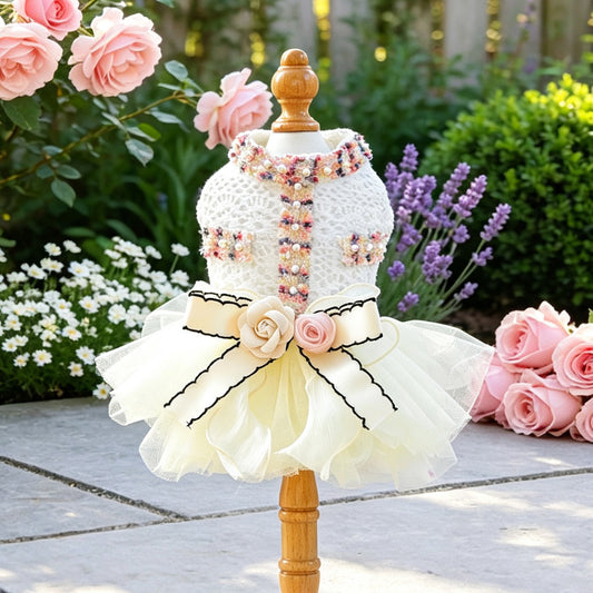 Bow & 3D Floral Pet Dress for Small Dogs & Cats – Lace Puff Tulle Princess Gown