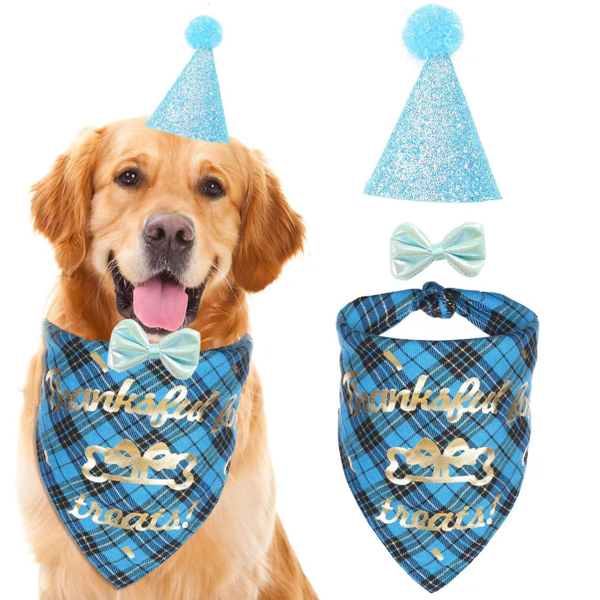 Pet Dog Birthday Party Supplies, Blue Glitter Birthday Cone Hat, Plaid Bandana Triangle Scarf, Bow Tie & Number（Red / Blue Optional）