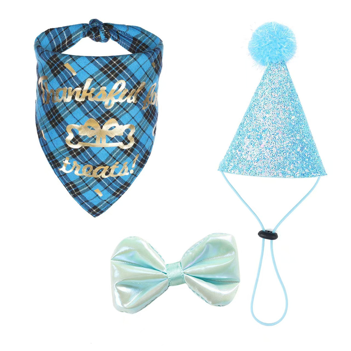 Pet Dog Birthday Party Supplies, Blue Glitter Birthday Cone Hat, Plaid Bandana Triangle Scarf, Bow Tie & Number（Red / Blue Optional）