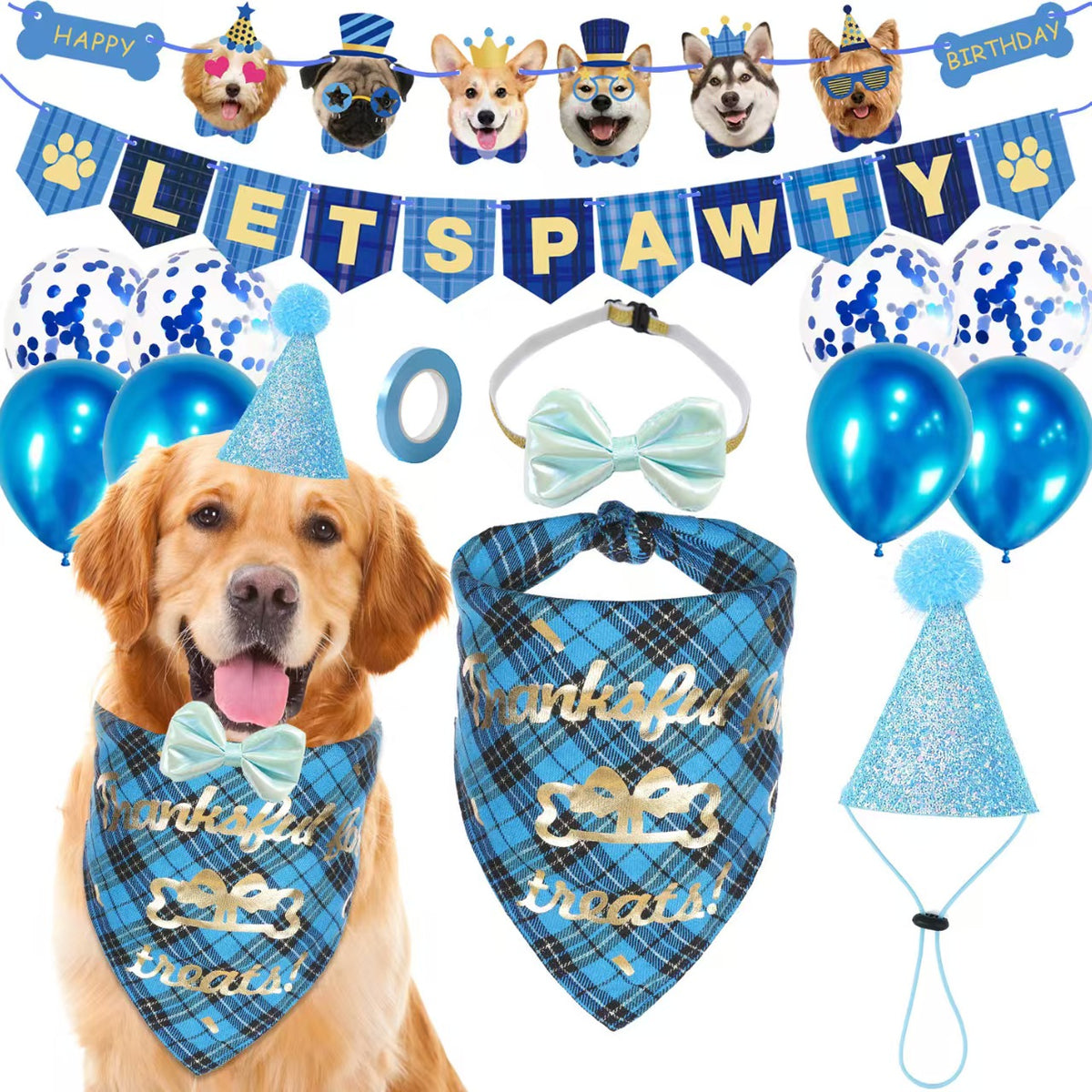 Pet Dog Birthday Party Supplies, Blue Glitter Birthday Cone Hat, Plaid Bandana Triangle Scarf, Bow Tie & Number（Red / Blue Optional）