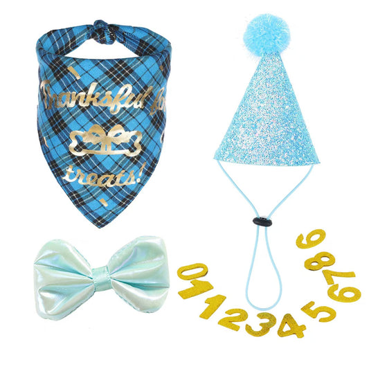 Pet Dog Birthday Party Supplies, Blue Glitter Birthday Cone Hat, Plaid Bandana Triangle Scarf, Bow Tie & Number（Red / Blue Optional）