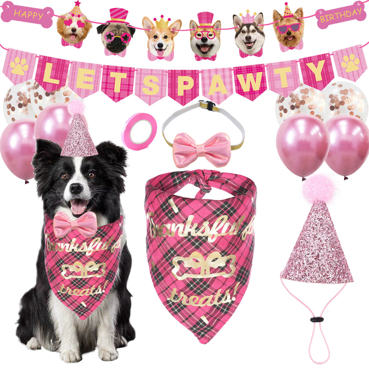 Pet Dog Birthday Party Supplies, Blue Glitter Birthday Cone Hat, Plaid Bandana Triangle Scarf, Bow Tie & Number（Red / Blue Optional）