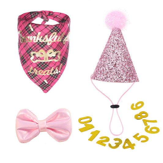 Pet Dog Birthday Party Supplies, Blue Glitter Birthday Cone Hat, Plaid Bandana Triangle Scarf, Bow Tie & Number（Red / Blue Optional）