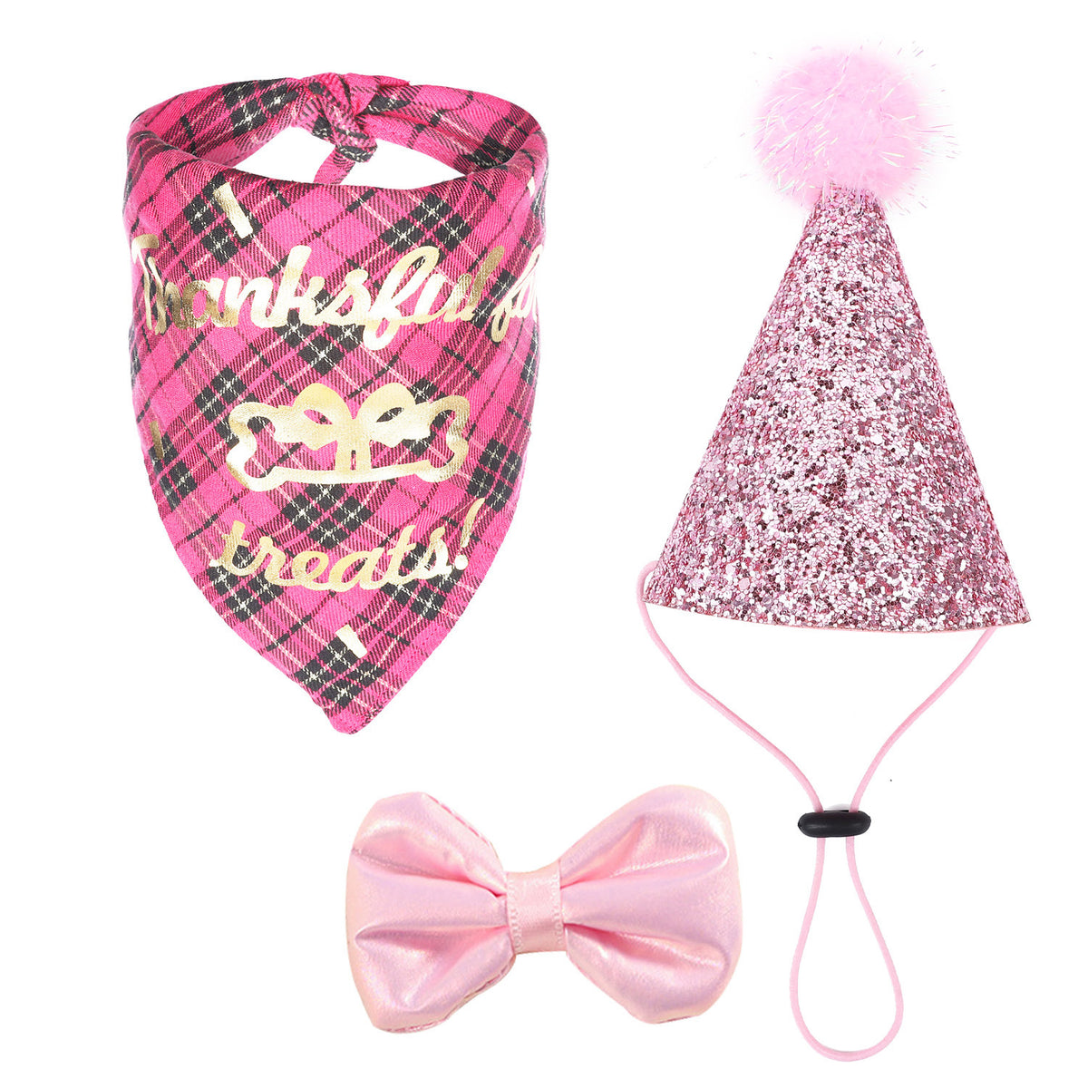 Pet Dog Birthday Party Supplies, Blue Glitter Birthday Cone Hat, Plaid Bandana Triangle Scarf, Bow Tie & Number（Red / Blue Optional）