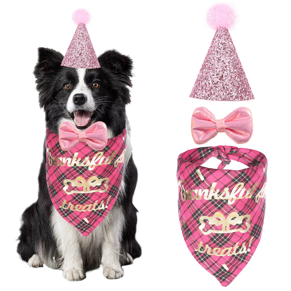 Pet Dog Birthday Party Supplies, Blue Glitter Birthday Cone Hat, Plaid Bandana Triangle Scarf, Bow Tie & Number（Red / Blue Optional）