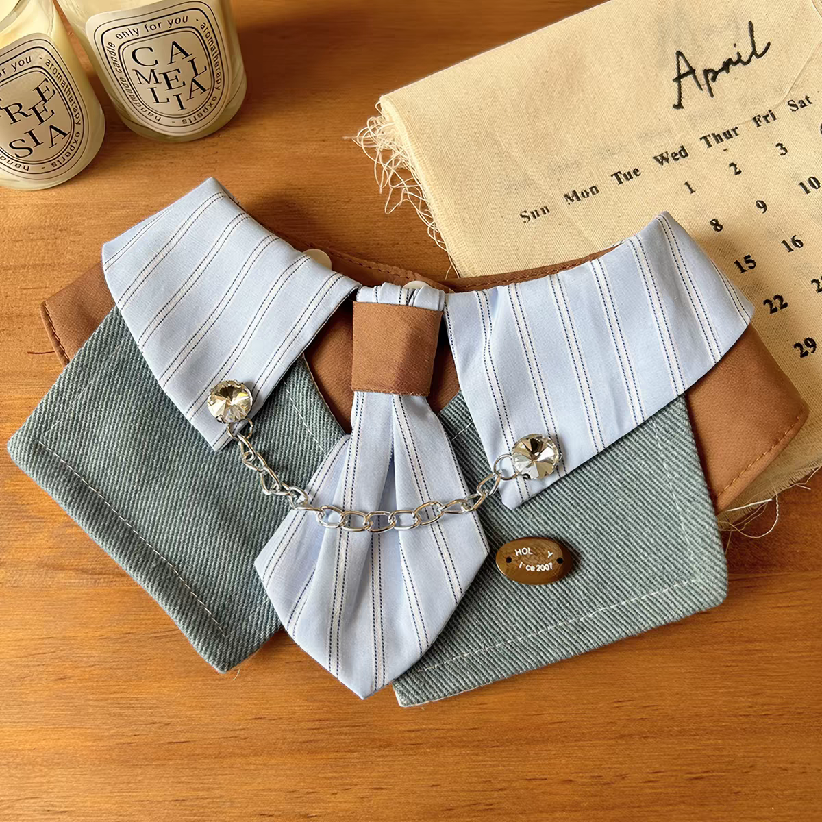 Gentleman Pet Bandana Bib with Bow Tie – Striped Shirt Collar & Denim Drool Bib for Small to Medium Dogs and Cats (XS–XL), Adjustable Neck Wrap, Plush Toy Dress-Up Accessory