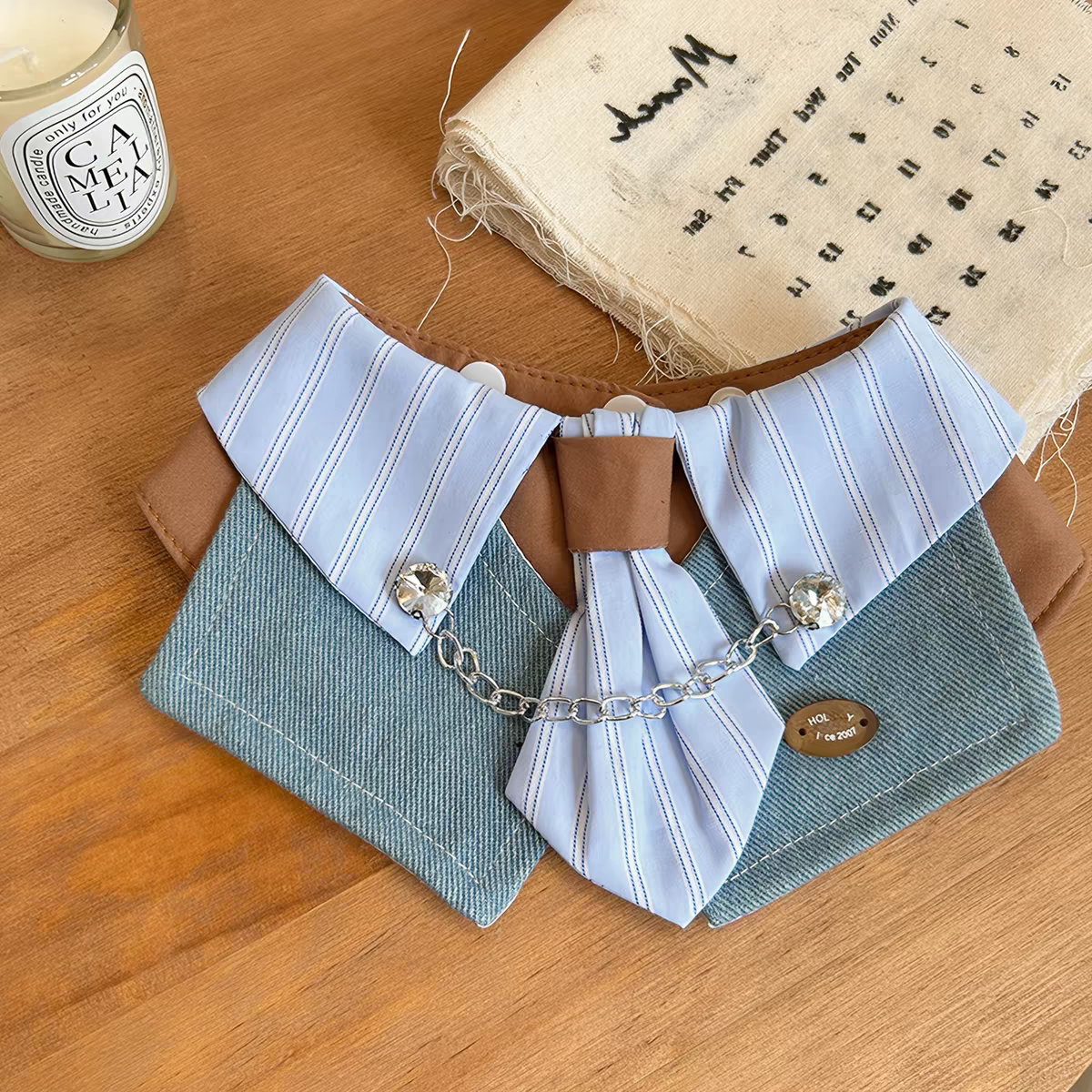 Gentleman Pet Bandana Bib with Bow Tie – Striped Shirt Collar & Denim Drool Bib for Small to Medium Dogs and Cats (XS–XL), Adjustable Neck Wrap, Plush Toy Dress-Up Accessory