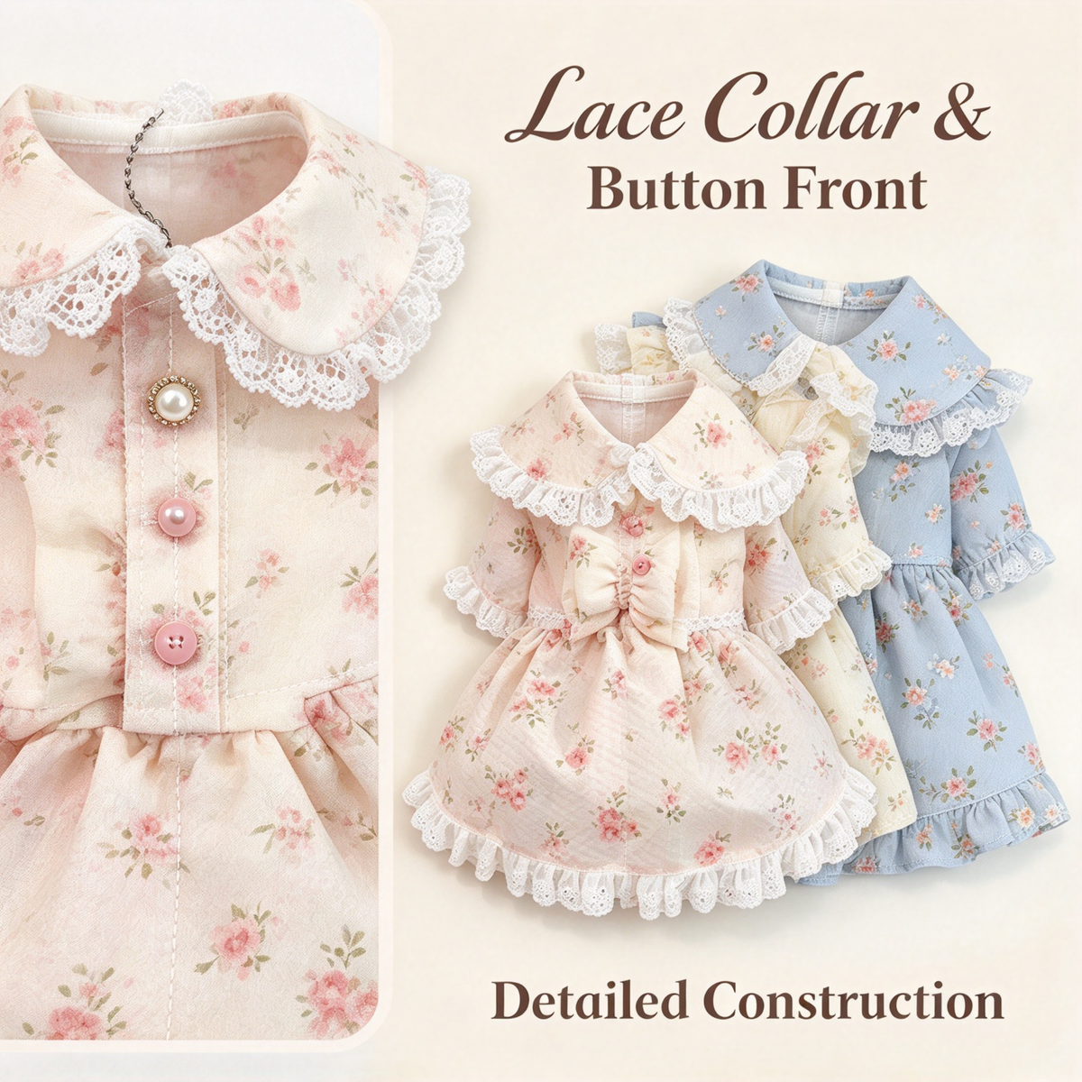 Pet Doll Collar Dress Sewing Pattern with Step-by-Step Tutorial | A3 Printable PDF | Sizes S-4XL | Dog Cat Floral Lace Outfit