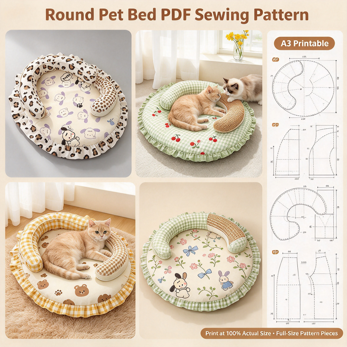 7 Styles Pet Bed Bundle PDF Sewing Patterns | A3 Printable DIY Pet Carrier, Backpack, Sofa & Cave Nest Templates for Small Cats & Dogs Up to 16.5 lbs