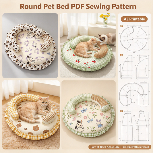 Oval U-Shaped Ruffle Pet Mat PDF Sewing Pattern | A3 Printable DIY Cushion Nest for Cats & Small Dogs Up to 16.5 lbs