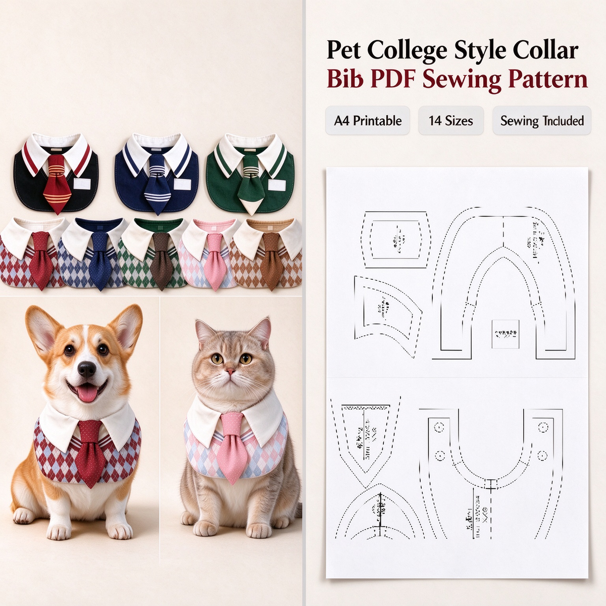 College Style Pet Collar Bib PDF Sewing Pattern | A4 Printable | 14 Sizes (XXS-9XL) | Step-by-Step Sewing Tutorial Included | Dog & Cat Neck Tie Bib Pattern